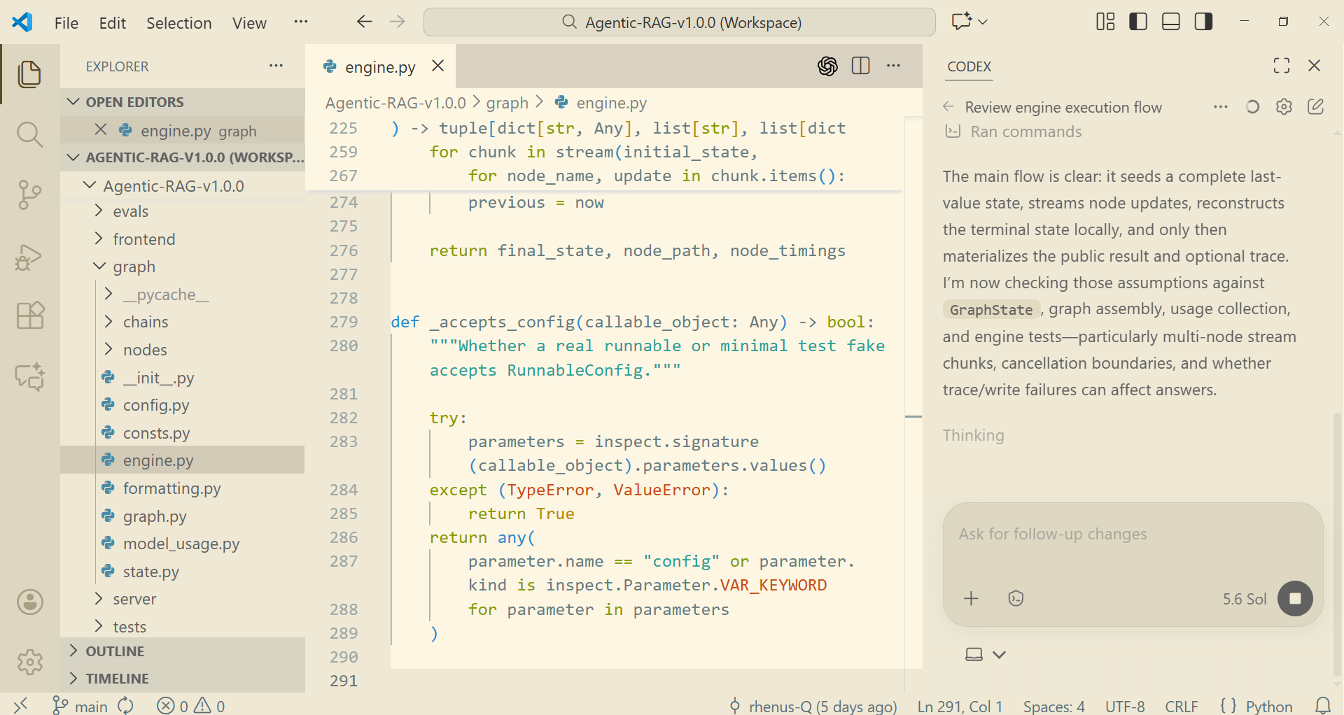 VS Code workspace with Codex reviewing the Agentic RAG execution flow